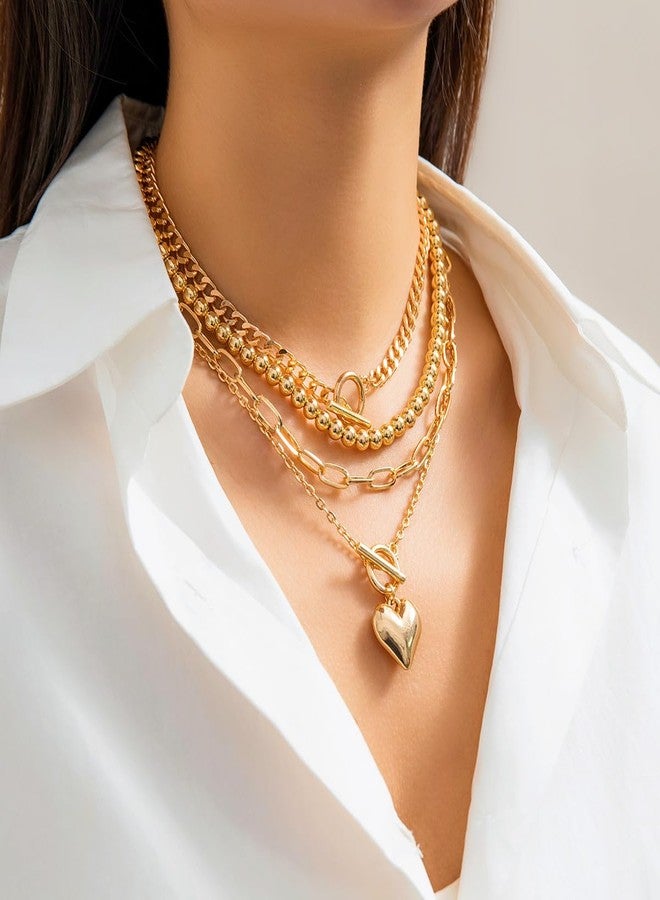 Eason1874 Gold Layered Necklaces for Women Chunky Choker necklace with Trendy Retro Coin Layered Cuban Paperclip Snake Chain Necklace (Gold heart) - Image 4